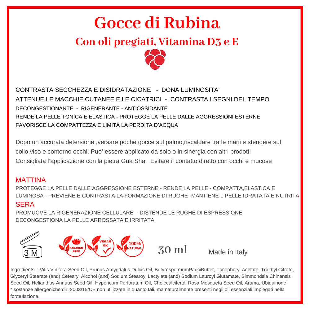 Picături Rubina 3 în 1 FAȚĂ, CORP, MÂINI de catifea (esență și ser) hidratant și reconfortant. Uleiuri prețioase și vitamina D3. Vegan ok, fara parabeni. Produse realizate manual în Italia