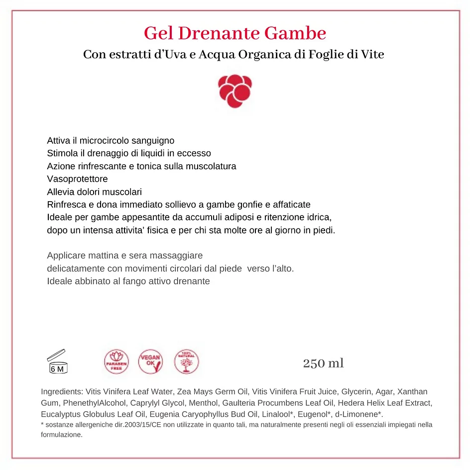 Gel Drenant "LEGGERISSIMA" pentru PICIOARE cu extracte de struguri și apă organică din frunze de viță de vie